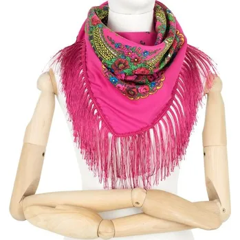 Šála Růžový folkový šátek s dlouhými třásněmi