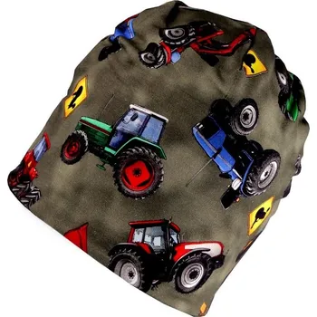 Čepice Dětská bavlněná čepice zateplená polar fleecem - 4 zelená khaki traktor