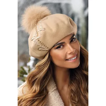 Čepice KRUMLOVANKA Zimní dámský baret s bambulí W-0668/284 béžový