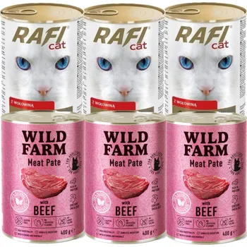 Krmivo pro kočku RAFI Cat Kousky s hovězím masem v omáčce – plechovka 3x415 g + WILD FARM Pate with Beef 3x400 g – bezlepkové krmivo pro kočky