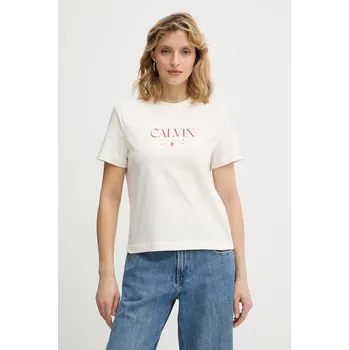 Dámské tričko Bavlněné tričko Calvin Klein Jeans dámské, béžová barva, LV047E813G 01X, vel. XL
