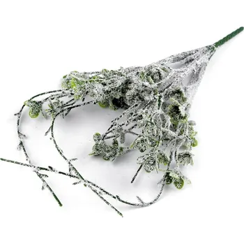 umělá květina Zimní umělá větvička zasněžená 35 cm - zelená