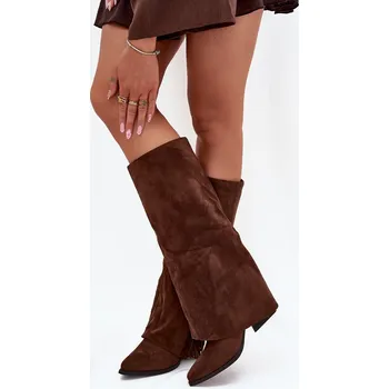 Dámské kozačky Boto Zateplené Kozačky Kavalíři Dámské Na Podpatku S Třásněmi Zalia Barva: Béžová, Velikost: 41