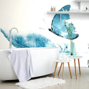 Tapeta Dovido Tapeta pírko s motýlem v modrém provedení