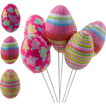 Velikonoční dekorace LEAN Velikonoční vajíčka na drátku puntíky květiny proužky ozdoba barevné 6ks