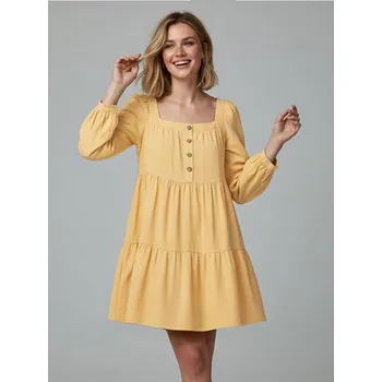 Dámské šaty Sinsay - Rozšířené mini šaty s čtvercovým výstřihem a knoflíky vpředu - krémová - 5823J-12X - 5823J-12X-XXS