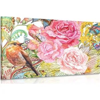 Obraz Dovido Obraz vintage ptáček s květinami