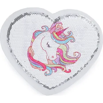 Náušnice Aplikace srdce s jednorožcem / Happy day s oboustrannými flitry - stříbrná jednorožec