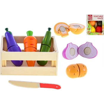 Dětská kuchyňka DŘEVO Baby krájecí ovoce / zelenina na suchý zip set s nožíkem a bedýnkou