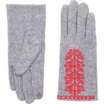 Módní doplněk Šedé rukavice s červenou výšivkou