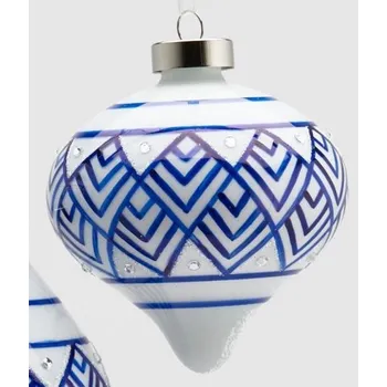 Vánoční ozdoba Vánoční skleněná ozdoba s modrým vzorem bílá 1ks, 10 cm - Koule se špičkou