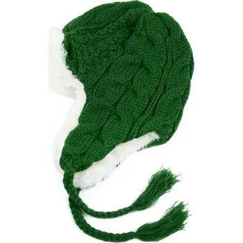 Čepice Teplá ušanka s copánky zelená