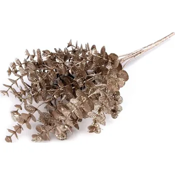 umělá květina Vánoční větvička / eukalyptus s glitry 7ks - 3 zlatá tm.