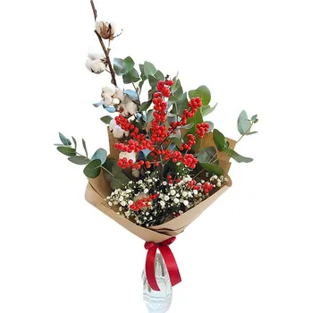 umělá květina Zimní kytice ilexu, bavlníku a eukalyptu