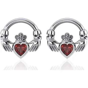 Náušnice Irské Náušnice s granátem - Claddagh, stříbro 925