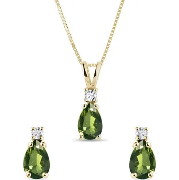 Souprava šperků Sada vltavínových šperků kapky ve žlutém zlatě KLENOTA