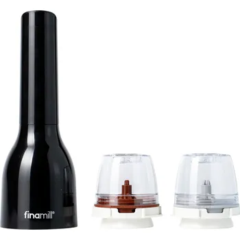 Kuchyňský mlýnek Dárková sada FinaMill – lesklý černý bateriový mlýnek se dvěma zásobníky