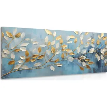 Obraz Dovido Obraz zlato-bílé listy na modrém pozadí