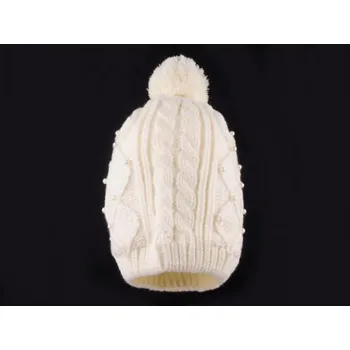 Módní doplněk Pletená dívčí čepice s perličkami (1 ks) - krémová nejsvět.
