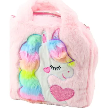 Kabelka LEAN Dětská Plyšová Taška s Jednorožcem Nastavitelný Popruh Růžová 24x9cm