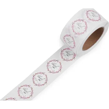 samolepka Papírové samolepky Handmade with love, thank you Ø25 mm - 3 (thank you) bílá růžová