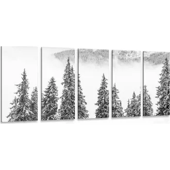 Obraz Dovido 5-dílný obraz zasněžené borové stromy v černobílém provedení