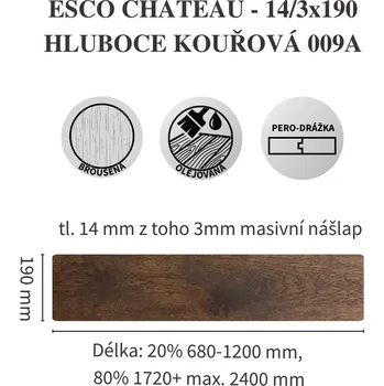dřevěná podlaha Dřevěná třívrstvá podlaha ESCO CHATEAU 009A Hluboce kouřová Rozměr: 14/3x190mm, Třída kvality: ORIGINAL (velké suky)