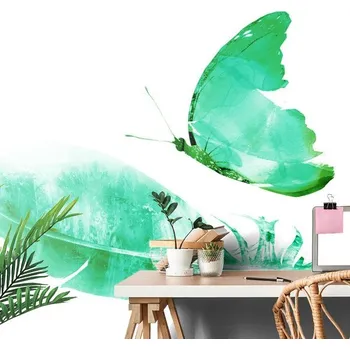 Tapeta Dovido Samolepící tapeta pírko s motýlem v zeleném provedení
