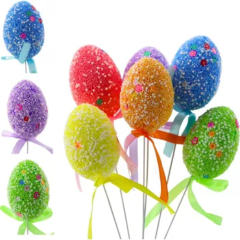 Velikonoční dekorace LEAN Velikonoční vajíčka na drátku barevná bílý vzor mašlička ozdoba 6ks