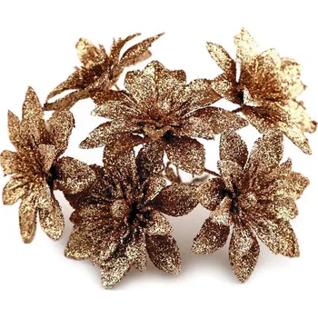 Vánoční dekorace Vánoční mini květ na drátku s glitry 6 kusů květu - 3 měděná