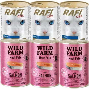 Krmivo pro kočku RAFI Cat Kousky s rybou v omáčce 3x415 g + WILD FARM Paštika s lososem 3x400g