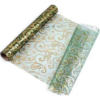 Svatební dekorace Vánoční / svatební organza s potiskem šíře 36 cm návin 4,5 METRU - 8 zelená tmavá - zlatá