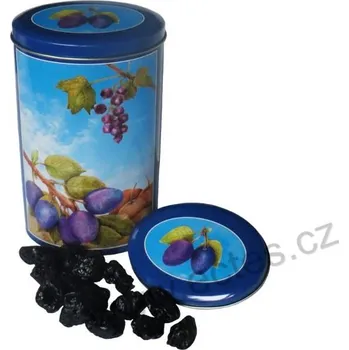 Dóza na potraviny OVOCE plechová dóza oválná švestky s černým rybízem