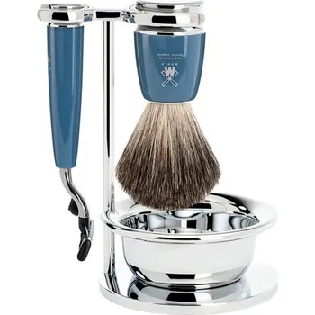 Štětka na holení Mühle Sestava na holení Mühle RYTMO - stojánek, miska, strojek s Mach 3 hlavicí, štětka pure badger - modrá pryskyřice