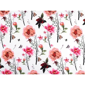 Žerzej s viskózou květy / motýli METRÁŽ - bílá