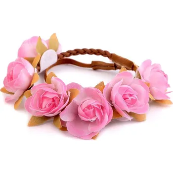 Pružná čelenka do vlasů s květy - 2 růžová střední
