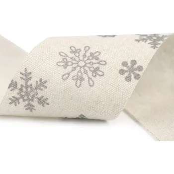 Stuha Vánoční lněná stuha vločky šíře 63 mm řezaná METRÁŽ - 1 režná světlá šedá