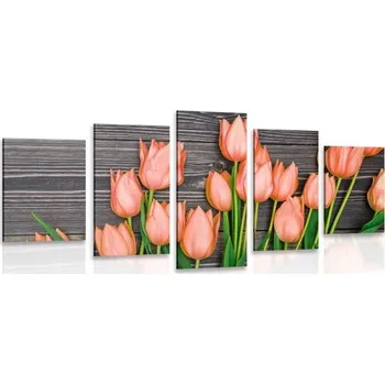 Obraz Dovido 5-dílný obraz okouzlující oranžové tulipány na dřevěném podkladu