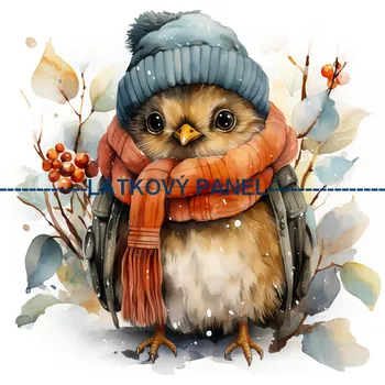 Látkový panel - Ptáček se šálou - PT-30 Velikost: 25x25cm, Materiál: Kočárkovina