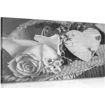Obraz Dovido Obraz růže a srdíčko v jutě v černobílém provedení