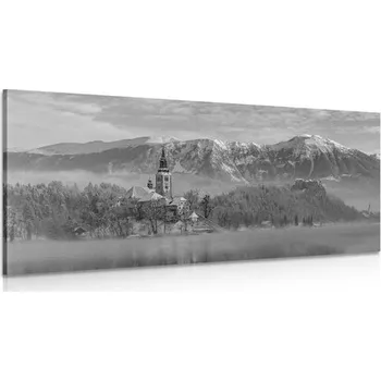 Obraz Dovido Obraz kostel u jezera Bled ve Slovinsku v černobílém provedení