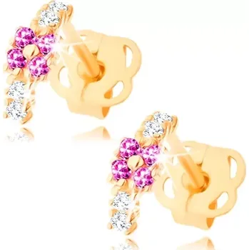 Náušnice Náušnice ve žlutém 14K zlatě - malý oblouček zdobený čirými a růžovými zirkony