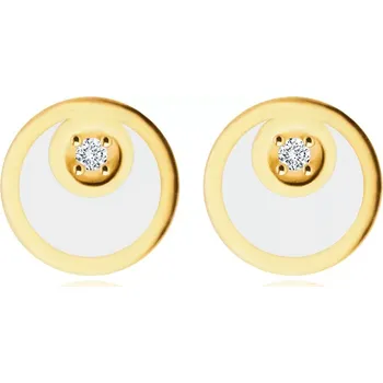 Náušnice Náušnice z 585 zlata - kroužek ve tvaru měsíčku s bílou glazurou, drobný třpytivý zirkon