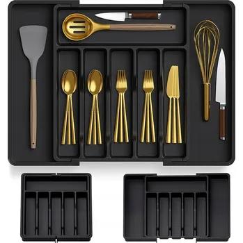 Příborník do zásuvky ORGANIZÉR DO ZÁSUVKY ORGANIZÉR NA PŘÍBORY VÝSUVNÝ NASTAVITELNÝ KUCHYŇSKÝ ČERNÝ