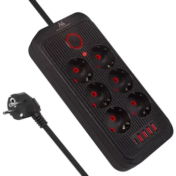 Elektrická zásuvka černá prodlužovací zásuvka 6x schuko s 4x usb‑a a 1x usb‑c, 2500 w