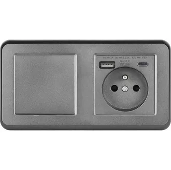 Elektrická zásuvka UNIC Elektrická zásuvka (230V+USB+USBc 5V Rychlé nabíjení) + vypínač jednopólový č.1, v rámečku 153mm, plast šedý