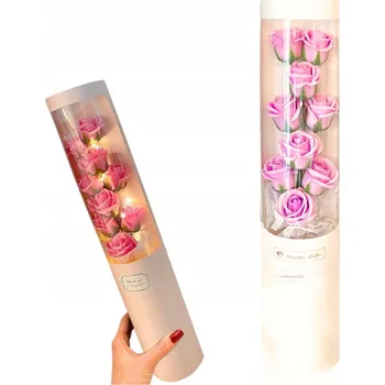 umělá květina VOŇAVÁ KYTICE MYDLOVÝCH KVĚTŮ RŮŽE V TUBĚ SVÍTÍCÍ LED