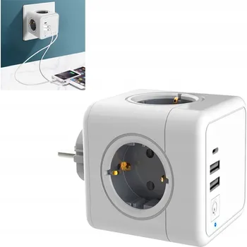 Elektrická zásuvka Kostka Magic Cube 7v1: prodlužovací zásuvka se 4 zásuvkami, 2 USB a 1 USB-C, bez kabelu