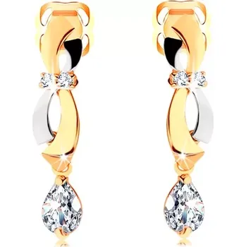 Náušnice Náušnice ve 14K zlatě - dvoubarevné obloučky, visící zirkonová slza