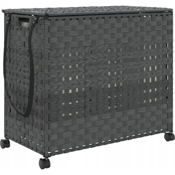 Koš na prádlo Ručně pletený koš na prádlo z ratanu s kolečky, šedý, 66x35x60 cm